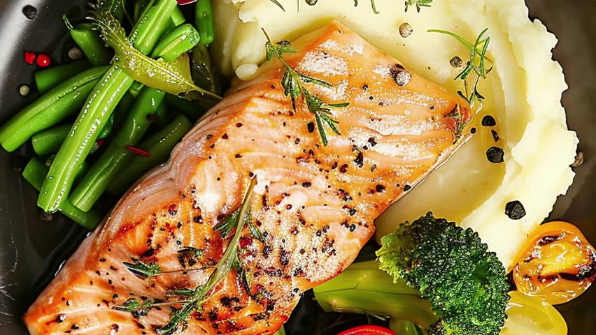 A plate with salmon, mashed potatoes, and various vegetables.
