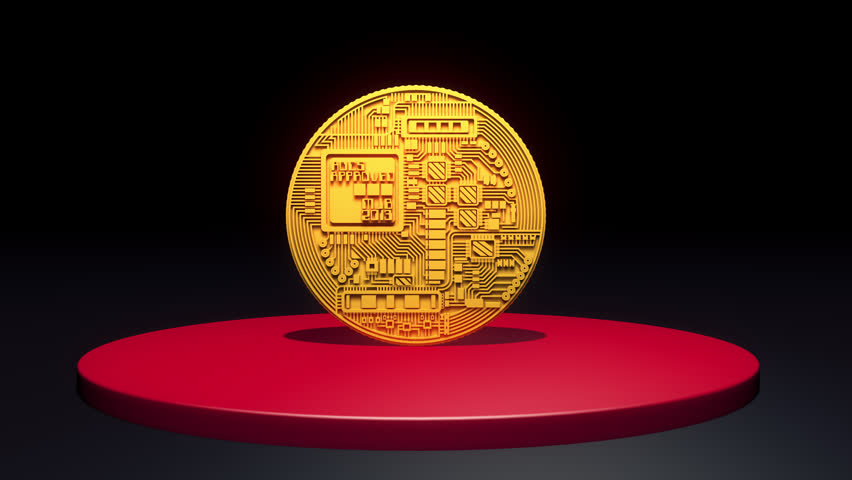 Animation of golden bitcoin rotating on a red podium in a seamless loop. Digital crypto coin and cryptocurrency.