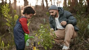 Heartwarming scene of father-son bonding as they plant a tree in the forest. A curly-haired boy waters a sapling with his dad guiding him. - Powered by Shutterstock - Get 15% off with code: PIKWIZARD15