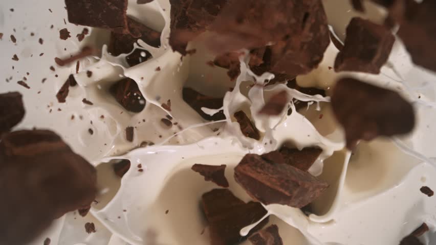 Super Slow Motion Shot of Chocolate Cuts Followed by Camera Falling into Cream at 1000fps.