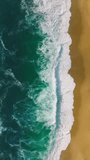 Vertical Screen: An Aerial Perspective Highlights The Intense Clash Of White Foamy Waves Against The Pristine Sandy Shore, Creating A Vivid Contrast. 4K Footage. 