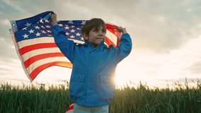 Happy american little boy patriot kid with national flag on sky background. Symbol of democracy, independence, USA, future. - Powered by Shutterstock - Get 15% off with code: PIKWIZARD15