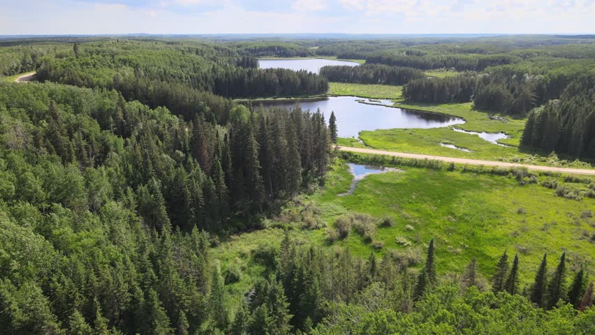 Aerial view flying forward over an extensive green northern forest and small lakes that are reflecting the sky color. A gravel road winding through the forest.  The sky is full of bluish clouds.
