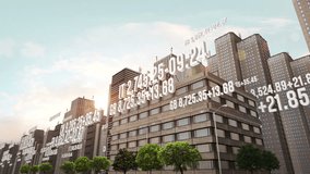 Stock Market Data Around Office Buildings In Smart City. Technology Related 3D Animation. - Powered by Shutterstock - Get 15% off with code: PIKWIZARD15
