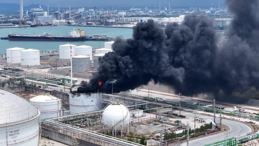 Huge fire exploding at a chemical storage tank in Oil Refinery Plant. as the blaze was likely to spread. Storage tank of Pyrolysis gas exploding.