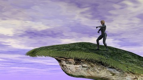 3D rendering of young blonde woman training martial arts on a high cliff with a cloudy sky in the background