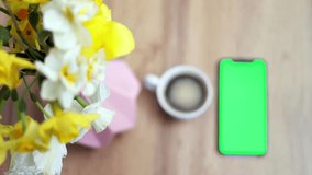 Close-up of a smartphone with green screen near cup with coffee on flowers background. Press browsing chroma key online, typing text, reading social media. 4k footage