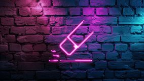 Video footage of Pink glowing Eraser neon icon on brick wall background. Looped Neon Lines abstract on black background.Laser Pictogram animation. Seamless loop