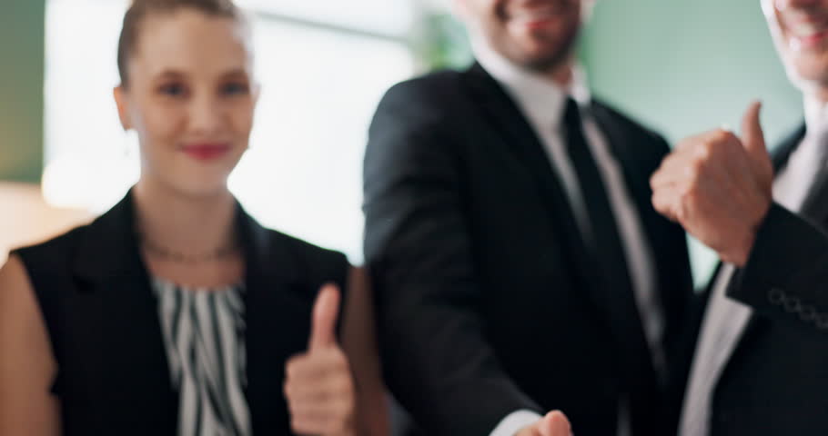 Thumbs up, teamwork and hands of business people in office for feedback, good news and agreement. Corporate, professional and men and women with gesture for thank you, support and collaboration