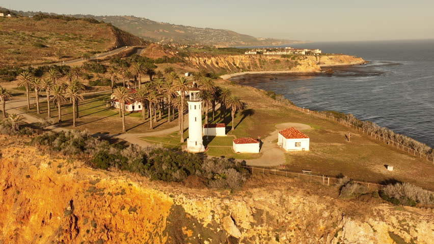 California Point Vicente Lighthouse Sunset Aerial Shot Orbit R