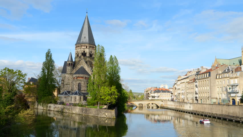 Bucolic scene with iconic Protestant Church Temple Neuf, Metz, France. Static