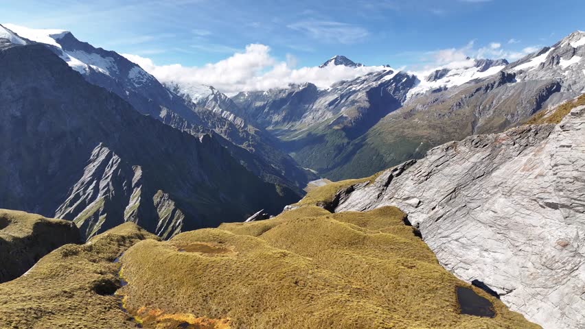 Amazing drone of Matukituki Valley and Southern Alps scenery in New Zealand, mountain climbing.