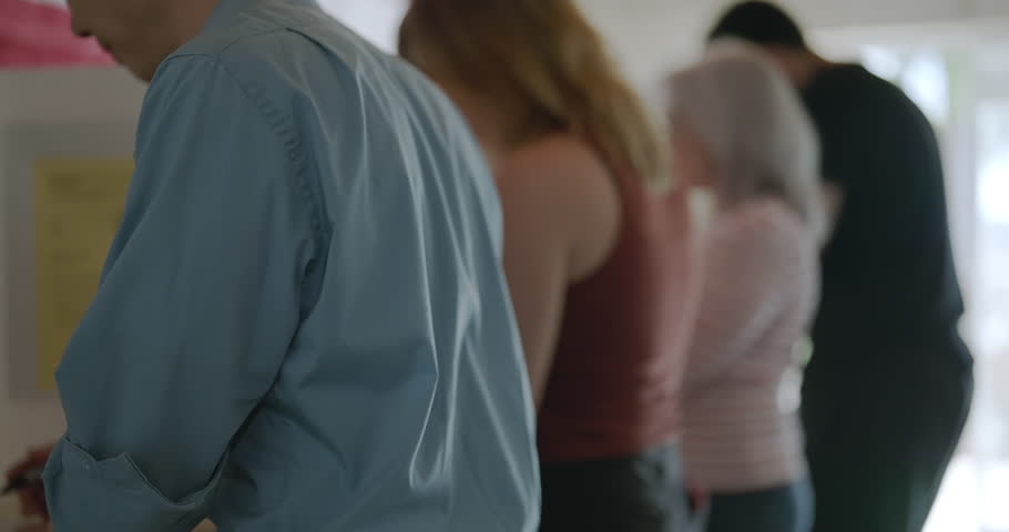 Move right to left, from behind the backs of four voters casting ballots at election booths. Medium shot ends in profile view, with faces mostly hidden by camera angle. US flag on wall in background. 