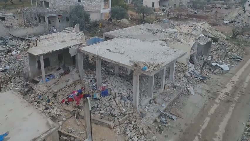 Homs, Syria. Destroyed a residential area in the city of Homs injured in fighting between rebels of the Syrian National Army (aerial view)