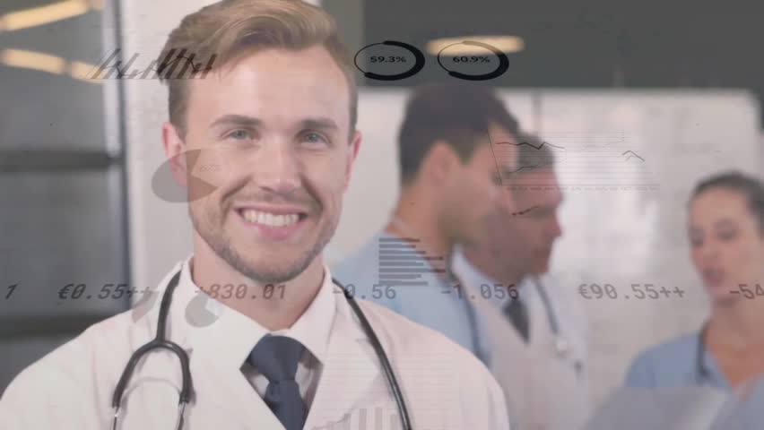 Animation of data processing over diverse doctors. Global medicine, connections, computing and data processing concept digitally generated video.