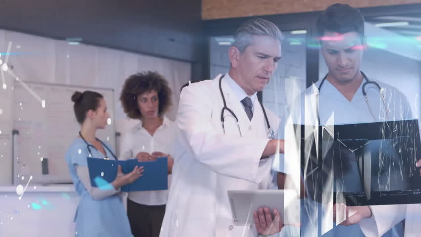 Animation of data processing over diverse doctors. Global medicine, connections, computing and data processing concept digitally generated video.