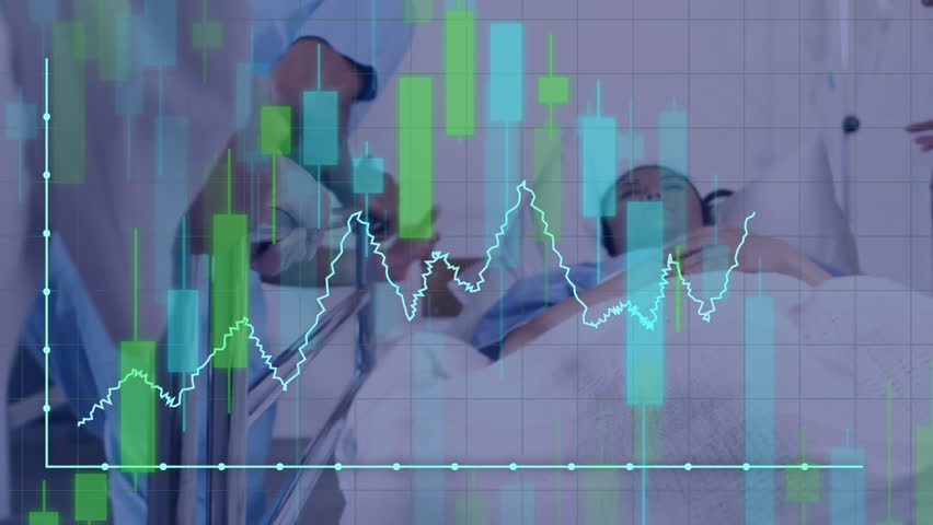 Animation of data processing over diverse doctors. Global medicine, connections, computing and data processing concept digitally generated video.