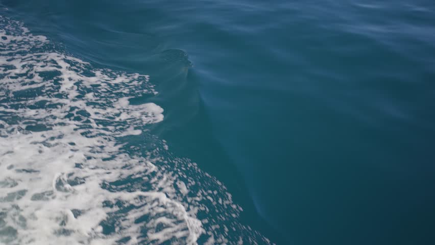 Wake trail from boat. Back view. Ocean water. Deep blue. Trace from ship.