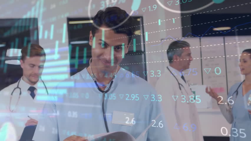 Animation of data processing over diverse doctors. Global medicine, connections, computing and data processing concept digitally generated video.