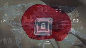 Animation of flag of japan, digital padlock, data processing over computer circuit board. Global cyber security, connections, computing and data processing concept digitally generated video. - Powered by Shutterstock - Get 15% off with code: PIKWIZARD15
