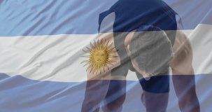 Animation of flag of argentina over biracial male runner. Patriotism, sport, competition and active lifestyle concept digitally generated video.