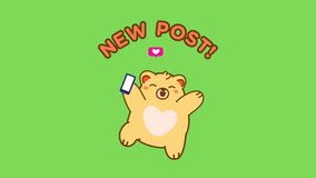 Animated video of cute bear happy posting new post on green screen background 