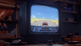Gamer having fun racing cars in the old-school console arcade. Enjoying the classic fun racing car simulator in the retro gaming room. Playing the fun nostalgic racing car game on the tv. - Powered by Shutterstock - Get 15% off with code: PIKWIZARD15