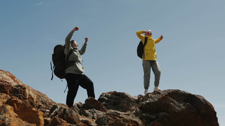 A group of two people rejoice at the success of their journey and raise their hands together while standing on top of a high mountain with a picturesque view.