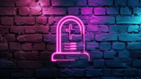 Video footage of Pink glowing Grave Icon neon icon on brick wall background. Looped Neon Lines abstract on black background.Laser Pictogram animation. Seamless loop - Powered by Shutterstock - Get 15% off with code: PIKWIZARD15