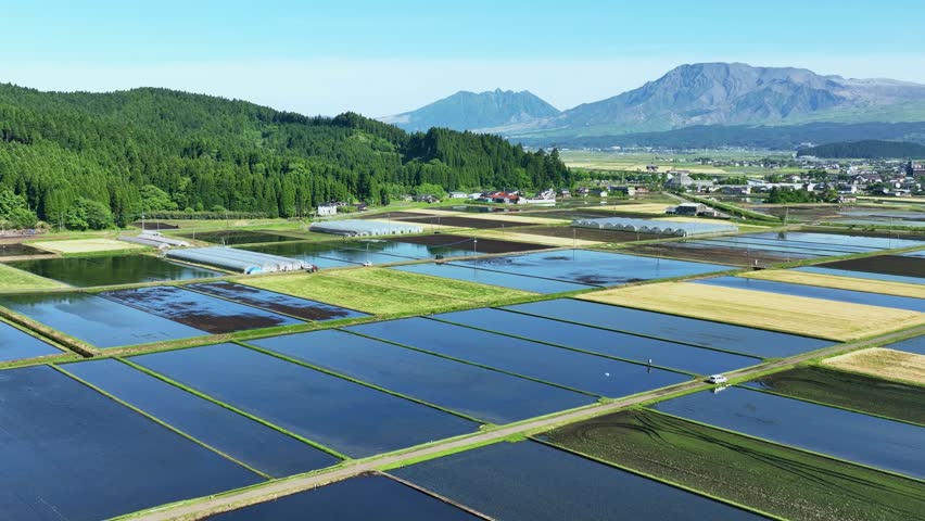 Aerial drone view of the spectacular landscape of Garden City lined with rice fields.