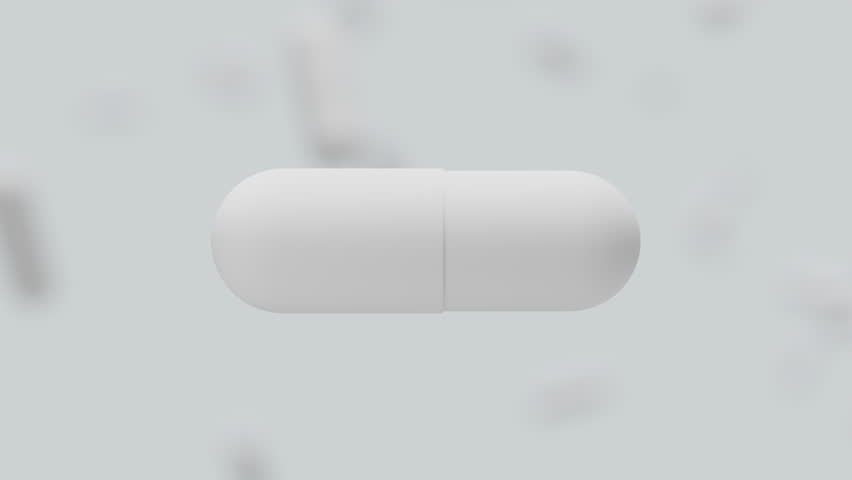 Animation of white medicine capsule opening and remedy particles fly out on white backdrop. Medical research, science concept. 3d render