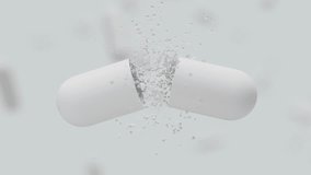 Animation of white medicine capsule opening and remedy particles fly out on white backdrop. Medical research, science concept. 3d render - Powered by Shutterstock - Get 15% off with code: PIKWIZARD15
