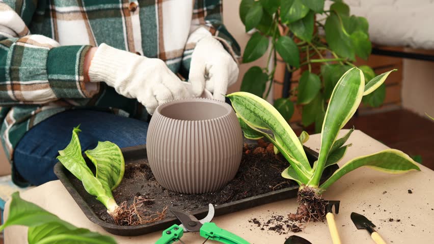 A woman pours expanded clay into a flower pot for drainage. Care and replanting of flowers and plants.