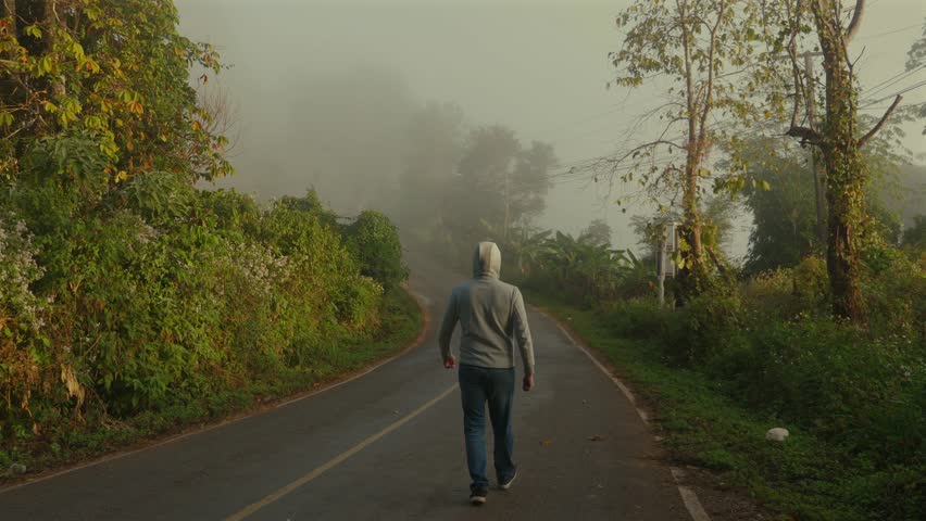 Solitary man walking down winding road surrounded by lush greenery and dense fog on tranquil morning. Horizontal composition with natural landscape providing serene and peaceful atmosphere.