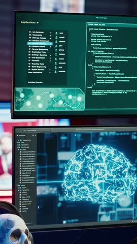 Vertical video Cybercriminal using AI machine learning to develop zero day exploit undetectable by antivirus software. Hacker using artificial intelligence technology to build script tricking