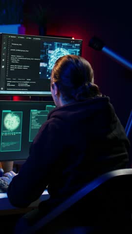 Vertical video Rogue IT engineer uses AI deep learning to develop zero day exploit undetectable by antivirus. Hacker uses artificial intelligence computerized model to build script doing data mining
