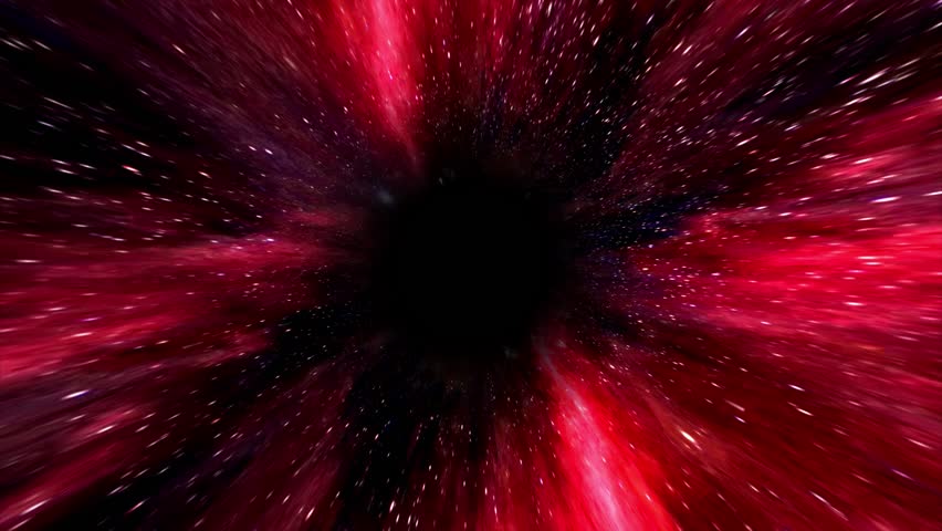 Looped galaxy tunnel in red purple color. Travel through a colorful universe to a wormhole. Hyper jump through a bright star nebula. Astronomical space research. Futuristic interstellar whirlwind.