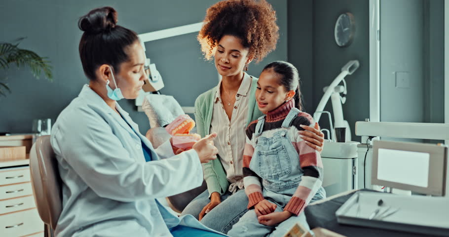 Dentist, consulting and child with mother for braces, teeth whitening and dental wellness. Healthcare, dentistry and women and girl with tools for dental hygiene, oral care and medical services