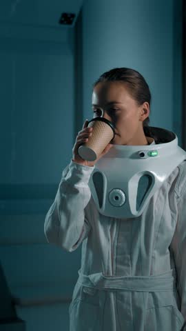 Girl space tourist drinking coffee aboard a spaceship. Attractive Asian woman enjoying a space mission break in an astronaut suit. Vertical Shot.