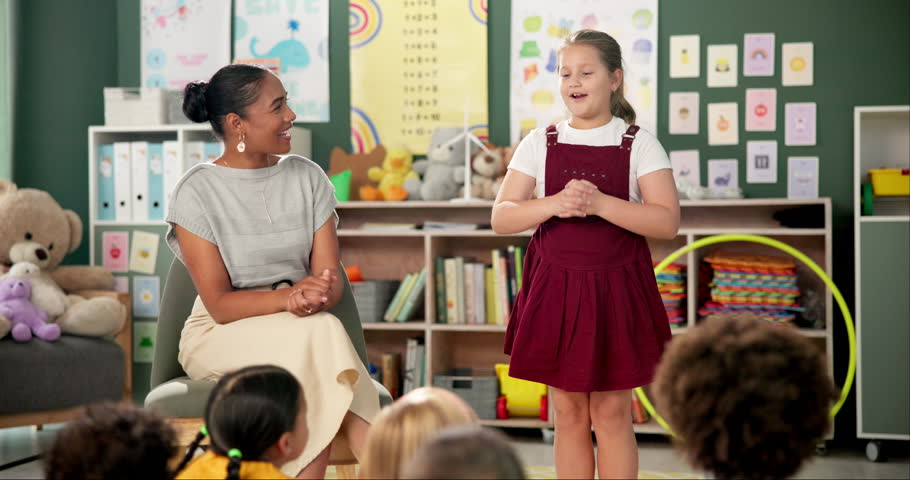 Classroom, education and teacher with kid student or presentation, teaching and public speaking support. Learning, school or woman with girl for speech, help or guide to self confidence development