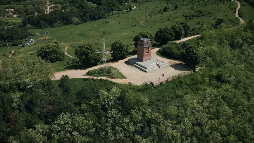 Drone circling the look-out tower on Gusterita Hill, Sibiu