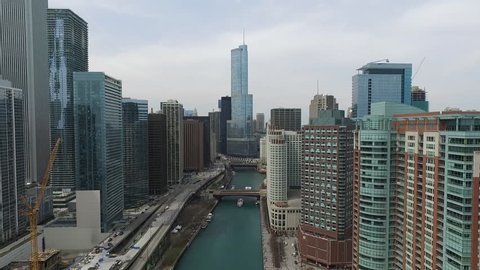 Aerial/Drone shot over the Chicago river.