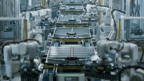 Row of White Robotic Arms at Automated Production Line at Bright Factory. Electric Car Manufacturing Line. Robot Arms Assemble Lithium-Ion EV Battery Pack for Automotive Industry.  - Powered by Shutterstock - Get 15% off with code: PIKWIZARD15