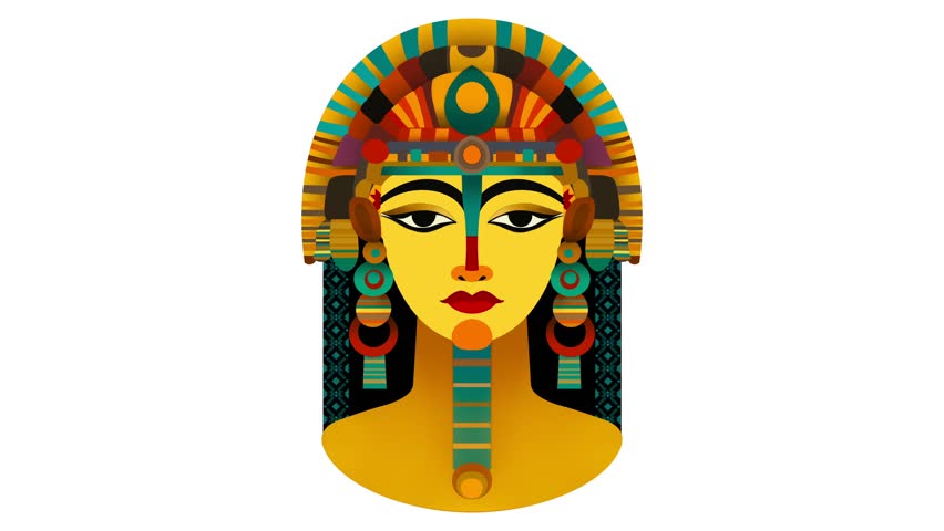 Female pharaoh from ancient Egypt with golden facial paint and traditional Egyptian eye, Amun Ra Egyptian pharaoh god drawing painting art, Horizontal background with Ancient Egyptian Colorful