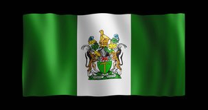 Flag of Rhodesia; conformed to long ratio (2:1); gentle, stylized, non-realistic, unhinged waving; seamless loop animation with alpha channel; nice textile pattern visible in 4k