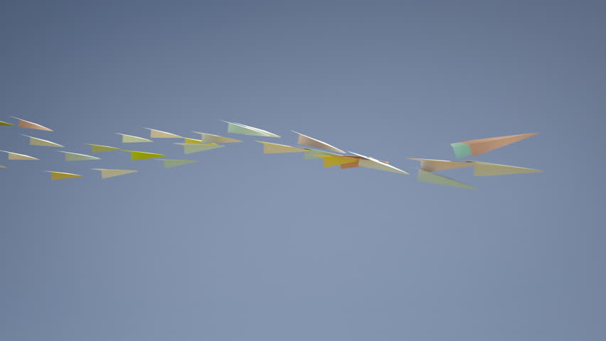 Group of colorful paper planes flying on blue sky. Many paper planes moving on clear sky background.