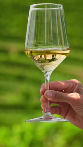 Close-up of a female hand swirling white wine in a glass, green vineyards in the background. A wine expert tasting, rating, and savoring wine. Vinification, organic quality and winery business concept