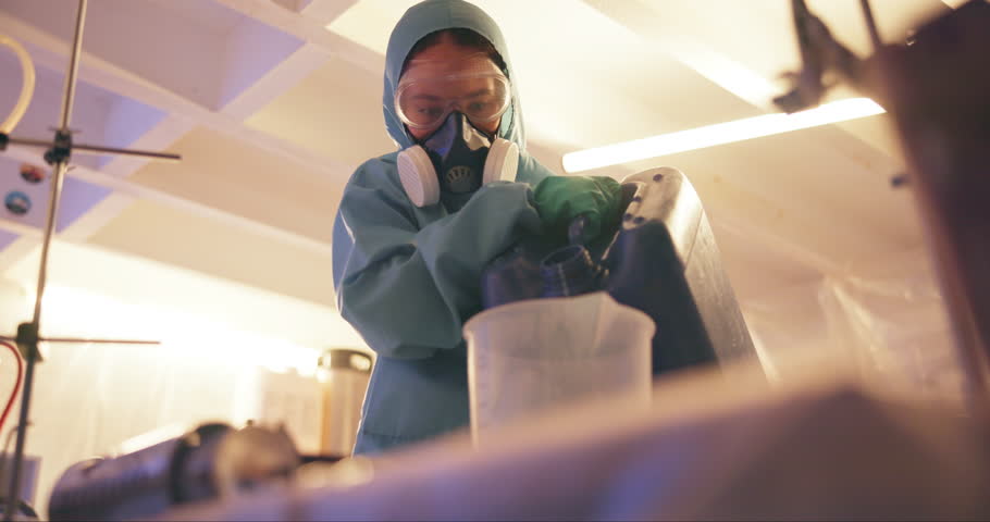 Tank, scientist and chemical liquid in lab, procedure and dangerous disinfectant or chemistry. Person, hazardous and biohazard research in hazmat suit, protective gear and gasoline for experiment