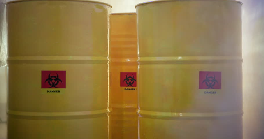Chemical, toxic waste and hazard in barrel, dangerous and drum with nuclear product. Poison, radiation and radioactive material and ecological disaster, symbol and icon for warning and risk