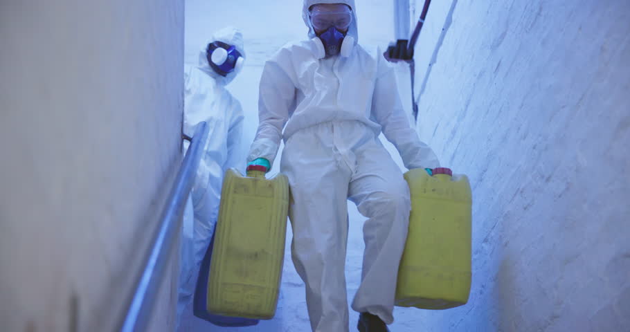 Chemical waste, toxic and people with barrels in ppe suit, dangerous or nuclear product. Poison, radiation or stairs with radioactive material and ecological disaster, team and environmental clean up